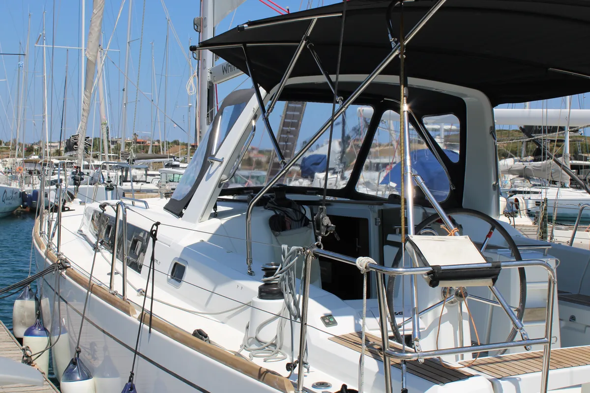 Exterior view of Zeus, a Beneteau Oceanis 38.1 sailboat at Lavreotiki Municipal Unit, Greece