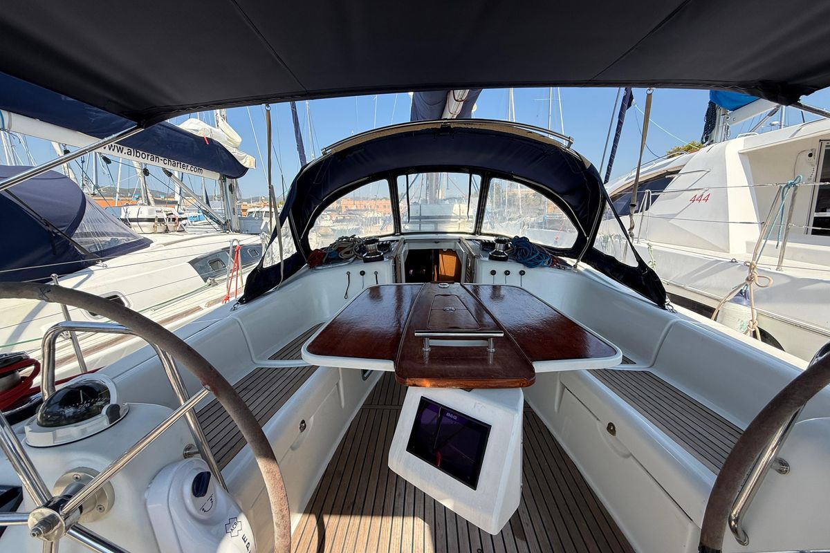Cockpit of Alboran XXXI Saoco (Majorca), a Beneteau Oceanis 43 sailboat at es Jonquet, Spain