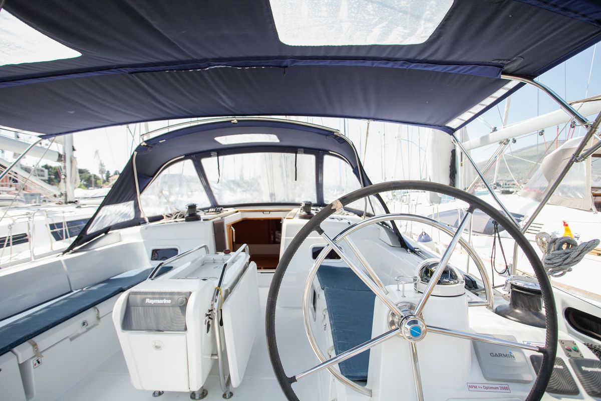 Cockpit of Rock Point, a Jeanneau Sun Odyssey 509 sailboat at Dubrovnik, Croatia