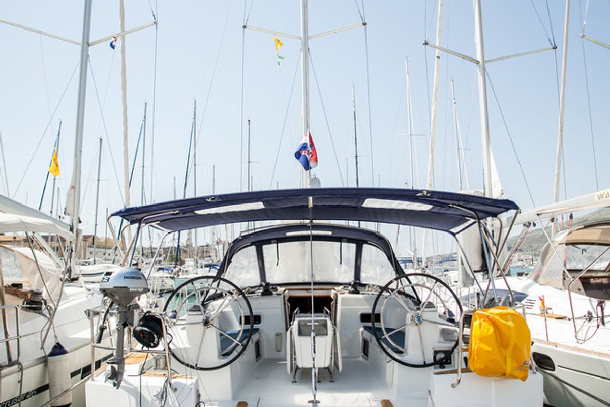 Cockpit of Rock Point, a Jeanneau Sun Odyssey 509 sailboat at Dubrovnik, Croatia