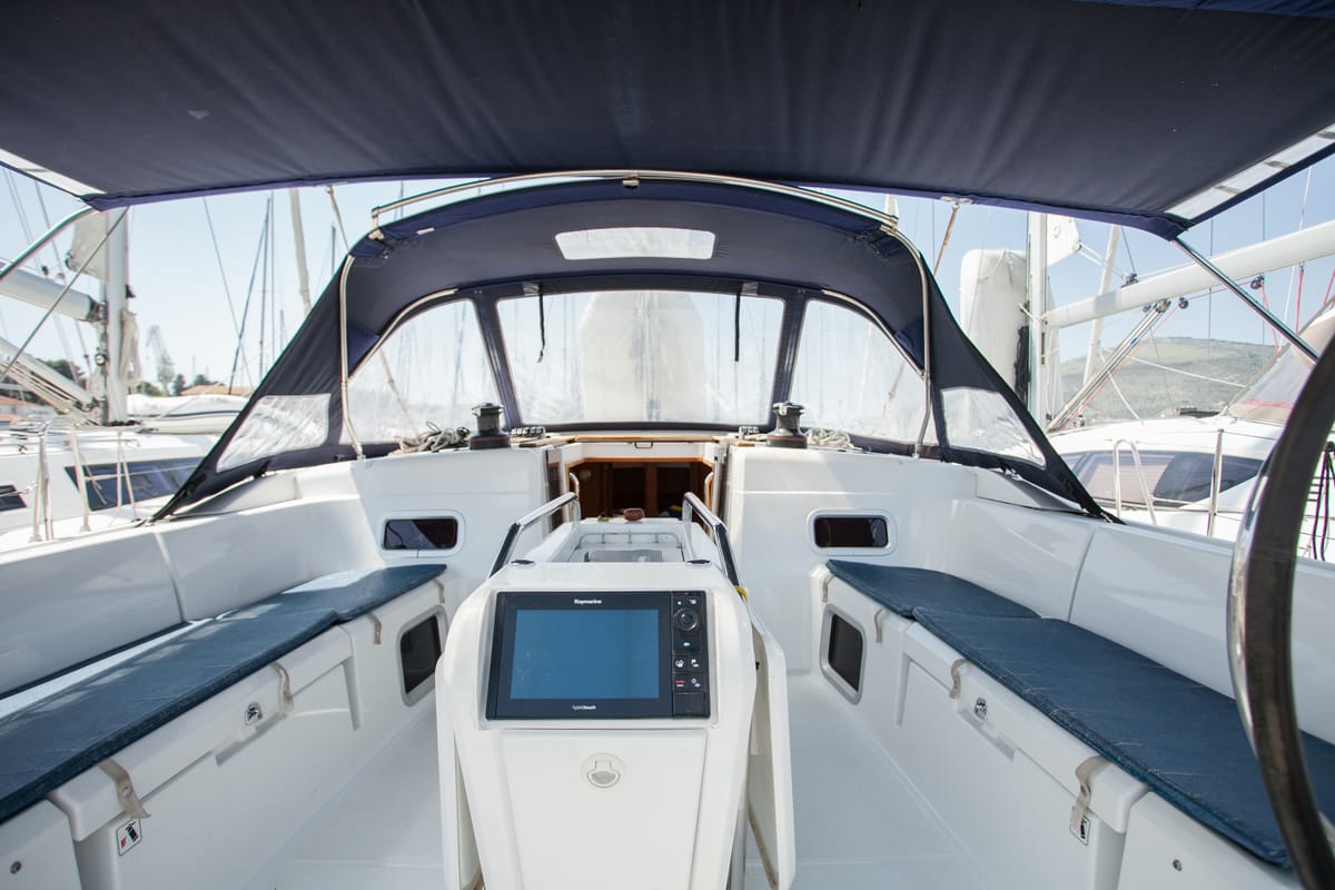 Cockpit of Rock Point, a Jeanneau Sun Odyssey 509 sailboat at Dubrovnik, Croatia