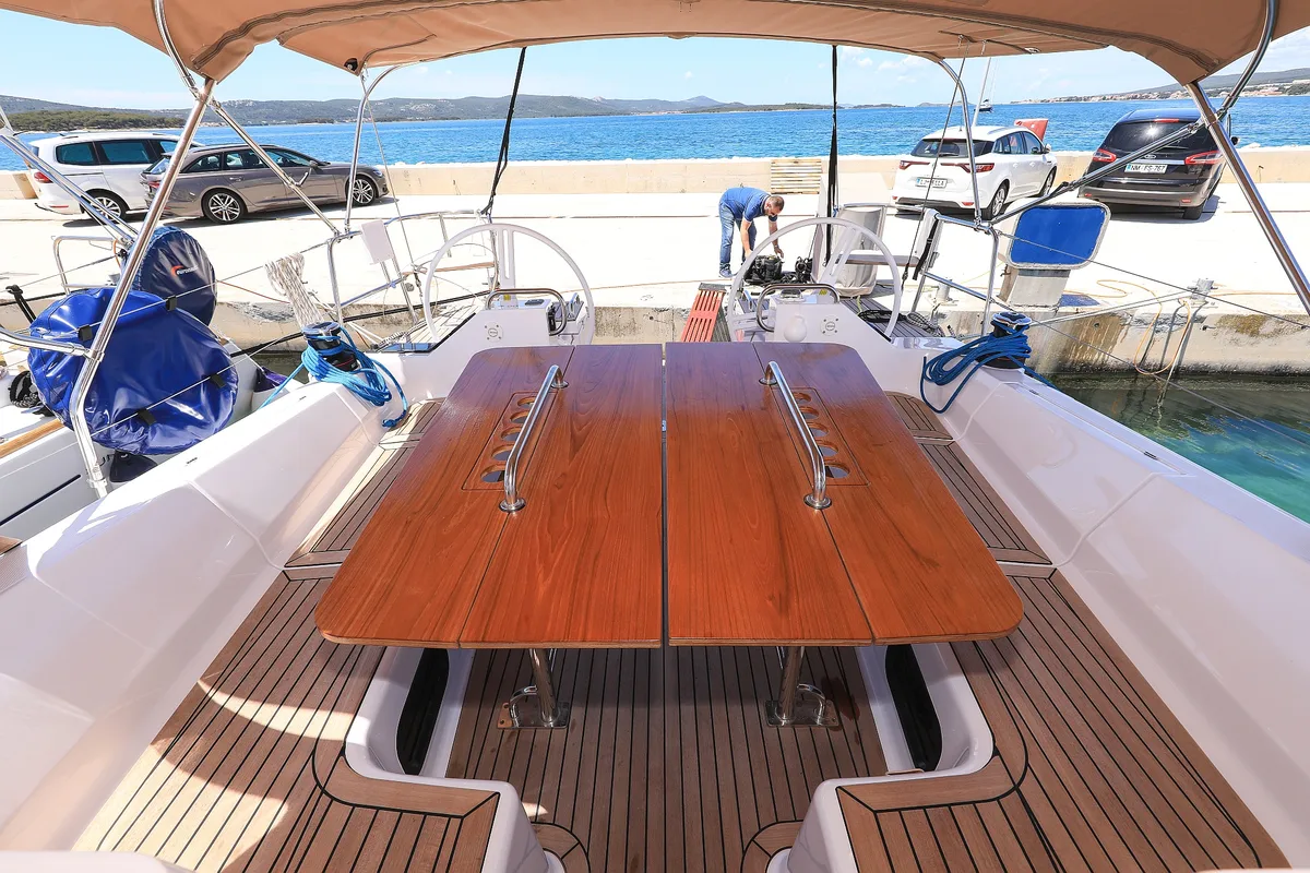 Deck of Anaya, a Elan Impression 45.1 sailboat at Grad Biograd na Moru, Croatia