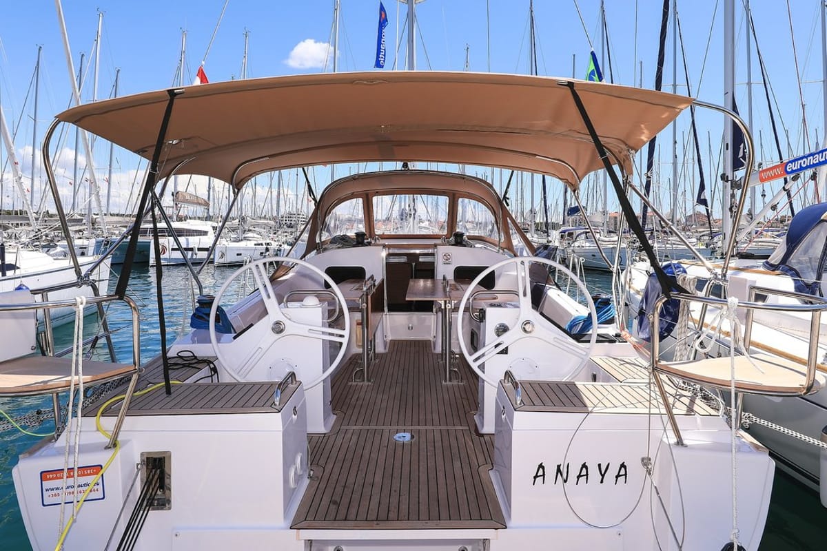 Cockpit of Anaya, a Elan Impression 45.1 sailboat at Grad Biograd na Moru, Croatia