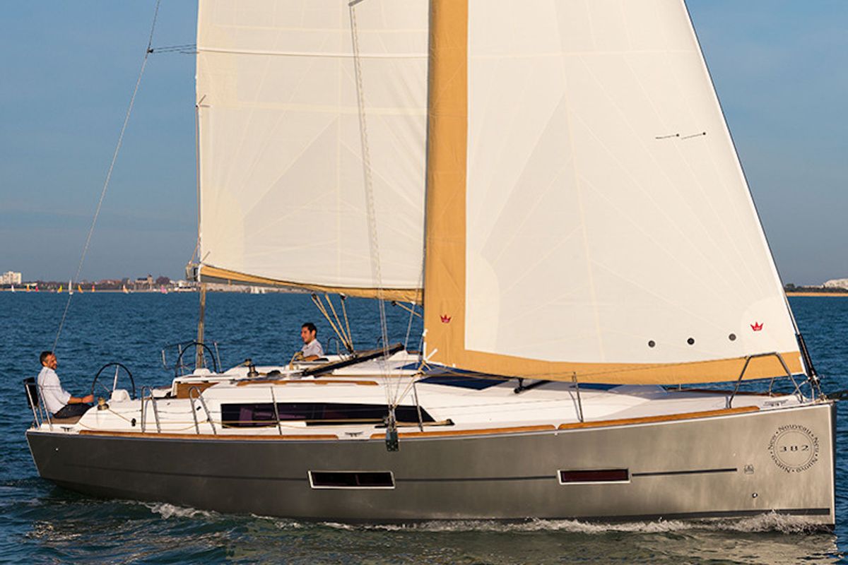 Exterior view of AF-D382(II), a Dufour 382 Grand Large sailboat at Municipal Unit of Lefkada, Greece