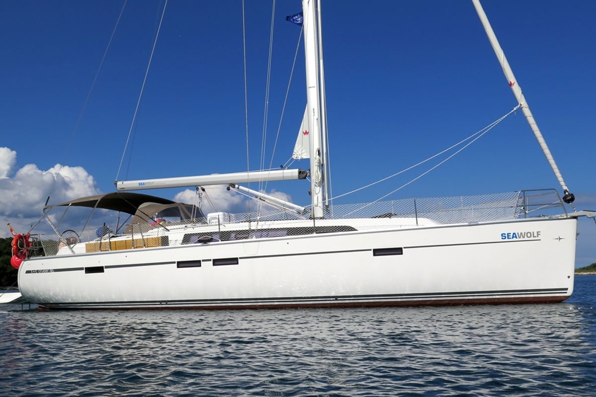 Exterior view of Seawolf , a Bavaria Cruiser 46 sailboat at Općina Vrsar, Croatia