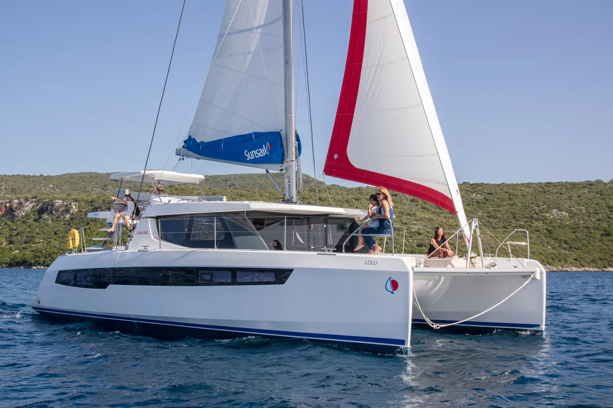 Exterior view of Sunsail 454L Classic, a Leopard 45 catamaran at English Harbour, Antigua and Barbuda