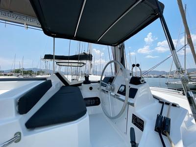 Cockpit of Bella II, a Bali 4.2 catamaran at Marmaris, Turkey