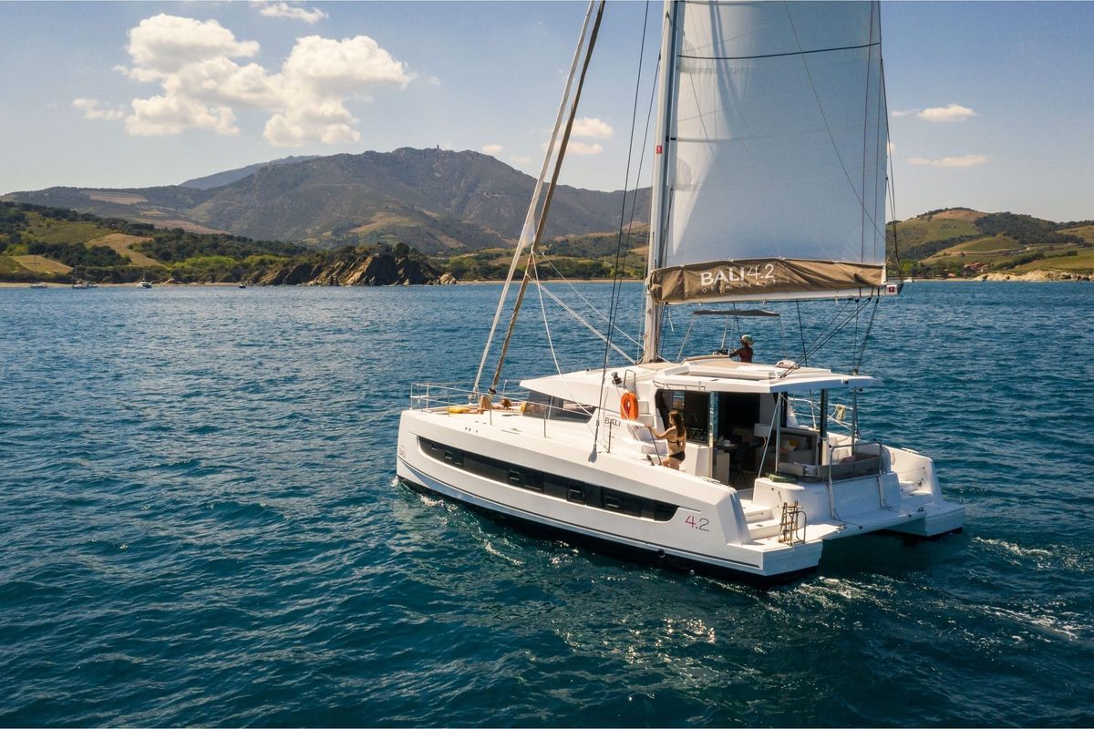 Exterior view of Bella II, a Bali 4.2 catamaran at Marmaris, Turkey