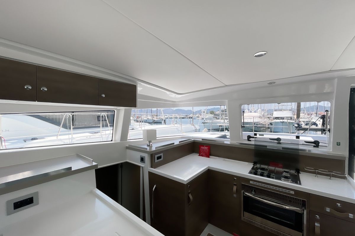 Galley of Bella II, a Bali 4.2 catamaran at Marmaris, Turkey