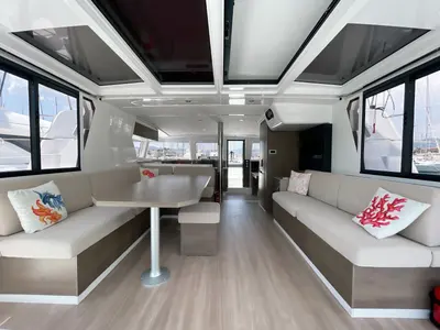 Salon of Bella II, a Bali 4.2 catamaran at Marmaris, Turkey