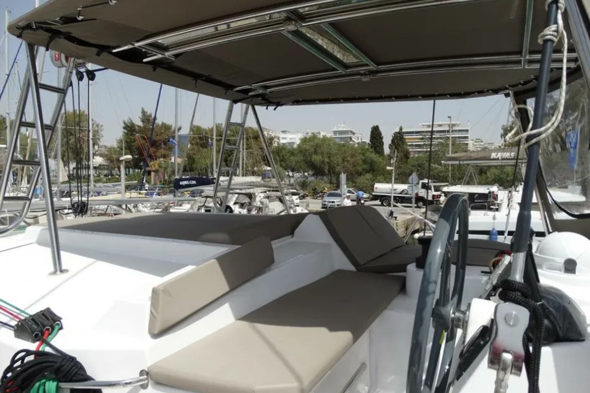 Cockpit of AF-B4.1, a Bali 4.1 catamaran at Municipal Unit of Lefkada, Greece