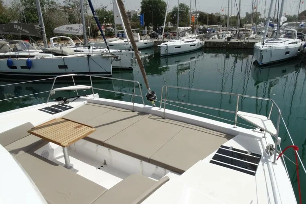 Deck of AF-B4.1, a Bali 4.1 catamaran at Municipal Unit of Lefkada, Greece