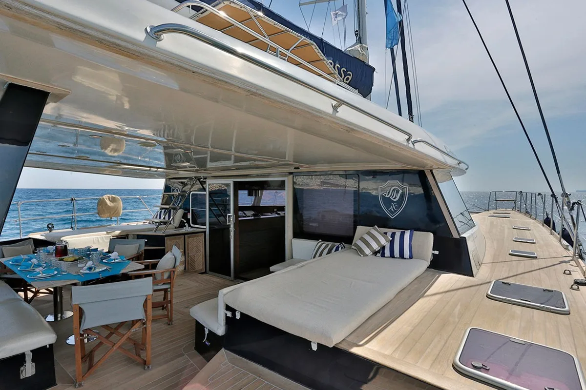 Deck of Anassa, a Sunreef Yachts Sunreef 62 catamaran at Keramoti, Greece