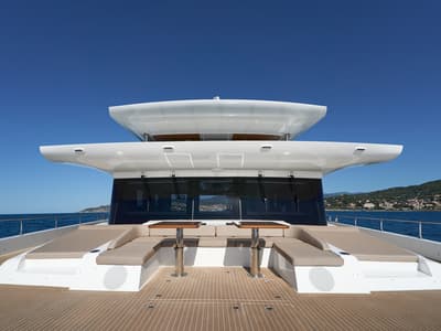 Deck of ATRAVERSIA, a Gulet x-reuse catamaran at Imperia, Italy