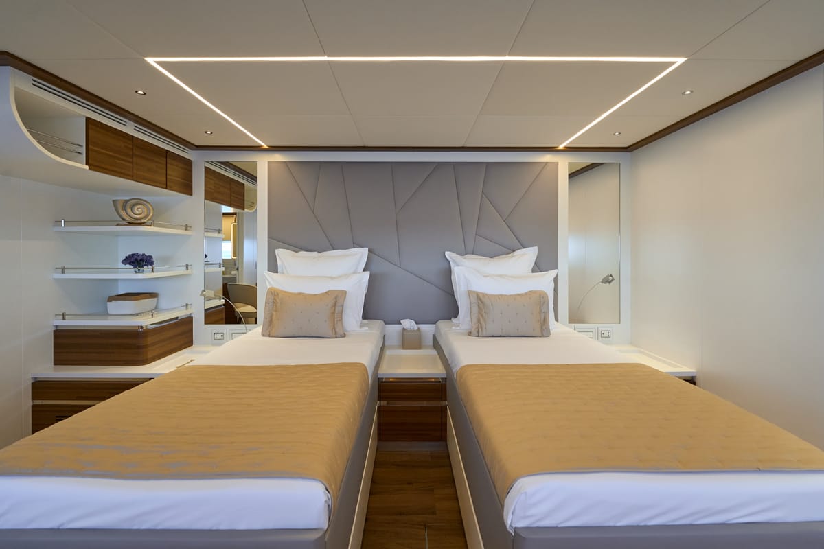 Exterior view of ATRAVERSIA, a Gulet x-reuse catamaran at Imperia, Italy