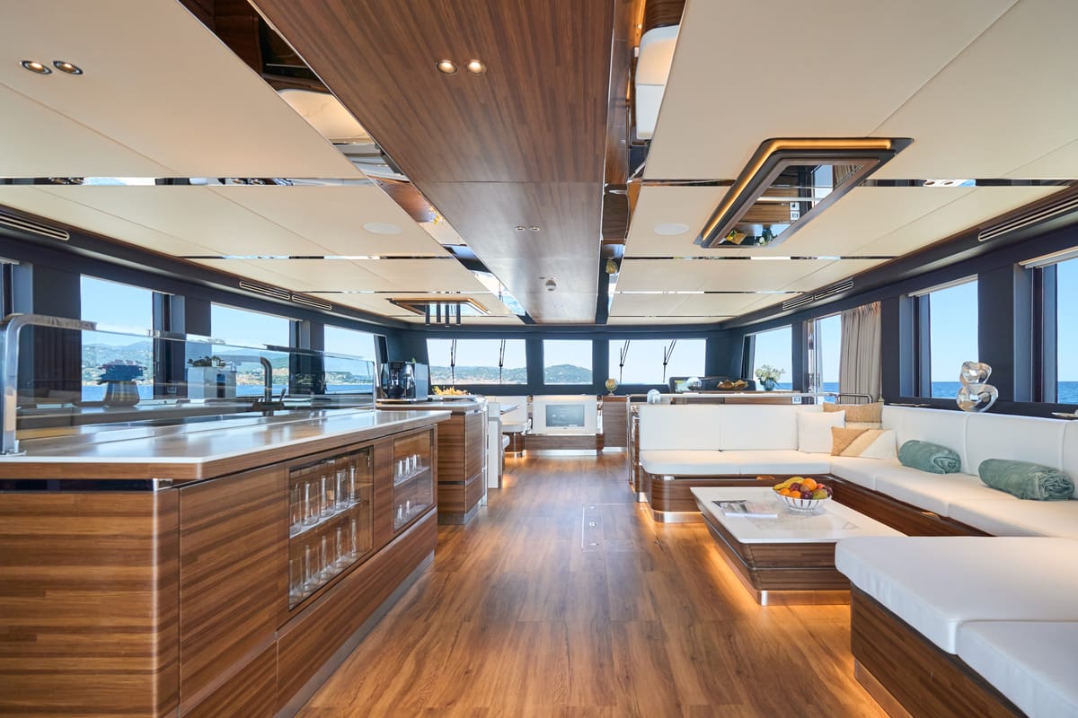 Deck of ATRAVERSIA, a Gulet x-reuse catamaran at Imperia, Italy