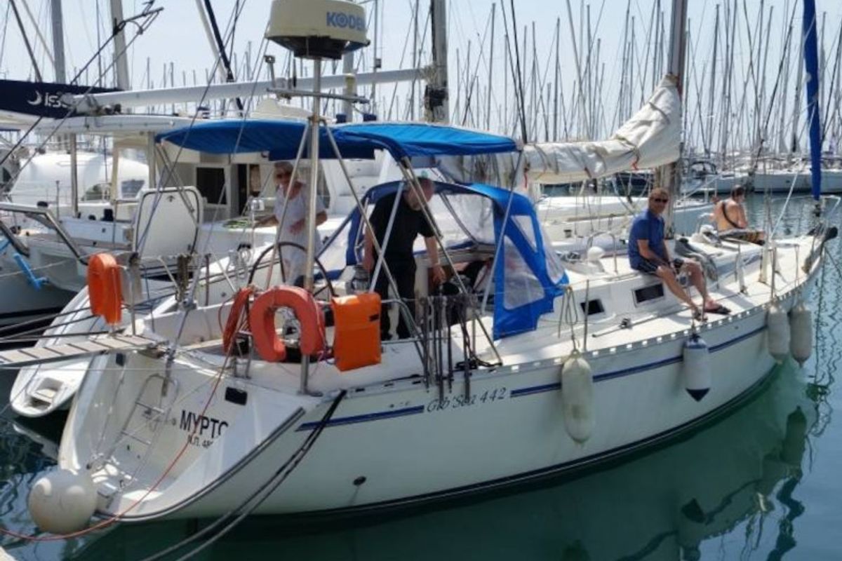 Exterior view of Myrto, a Dufour Gib Sea 442 sailboat at Athens, Greece