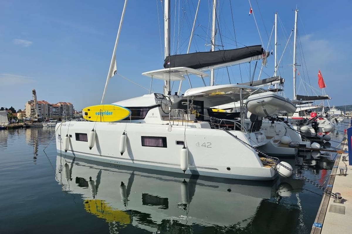 Exterior view of Azzuro, a Lagoon 42 catamaran at Grad Biograd na Moru, Croatia