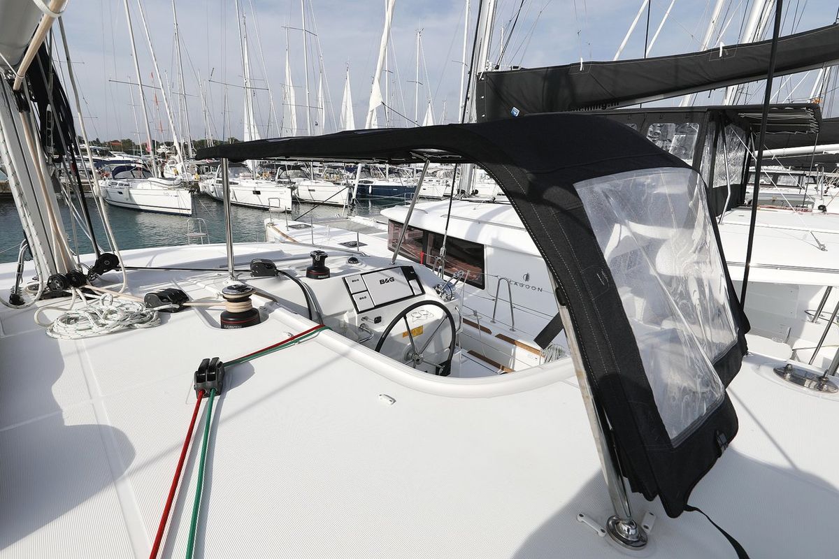 Cockpit of Mari, a Lagoon 40 catamaran at Općina Sukošan, Croatia