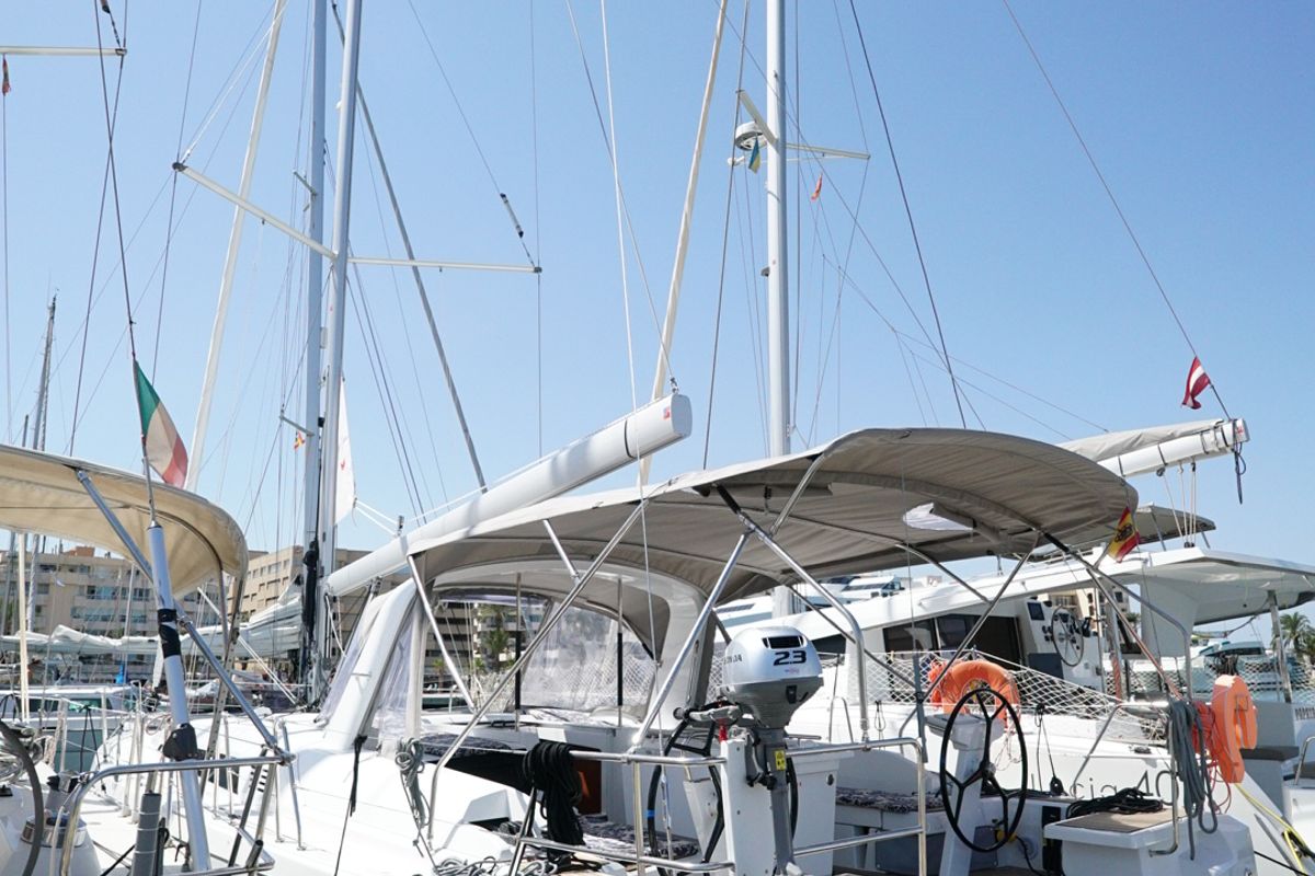 Exterior view of Kismee, a Beneteau Oceanis 46.1 sailboat at Ibiza, Spain