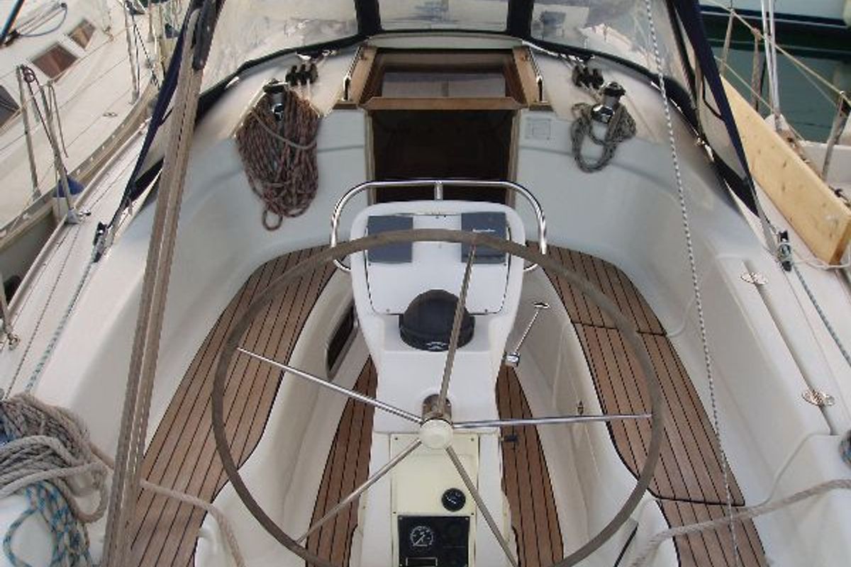 Cockpit of Athina, a Bavaria 32 Cruiser sailboat at Preveza, Greece