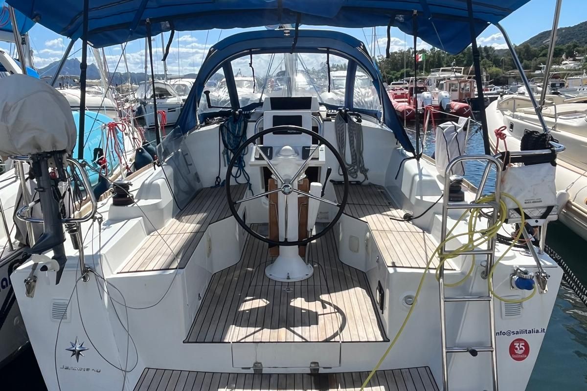 Cockpit of Lazzarone, a Jeanneau Sun Odyssey 319 sailboat at Cannigione, Italy