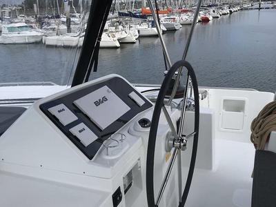 Cockpit of Zil Seashell, a Lagoon 450 Fly catamaran at Eden Island Marina, Seychelles