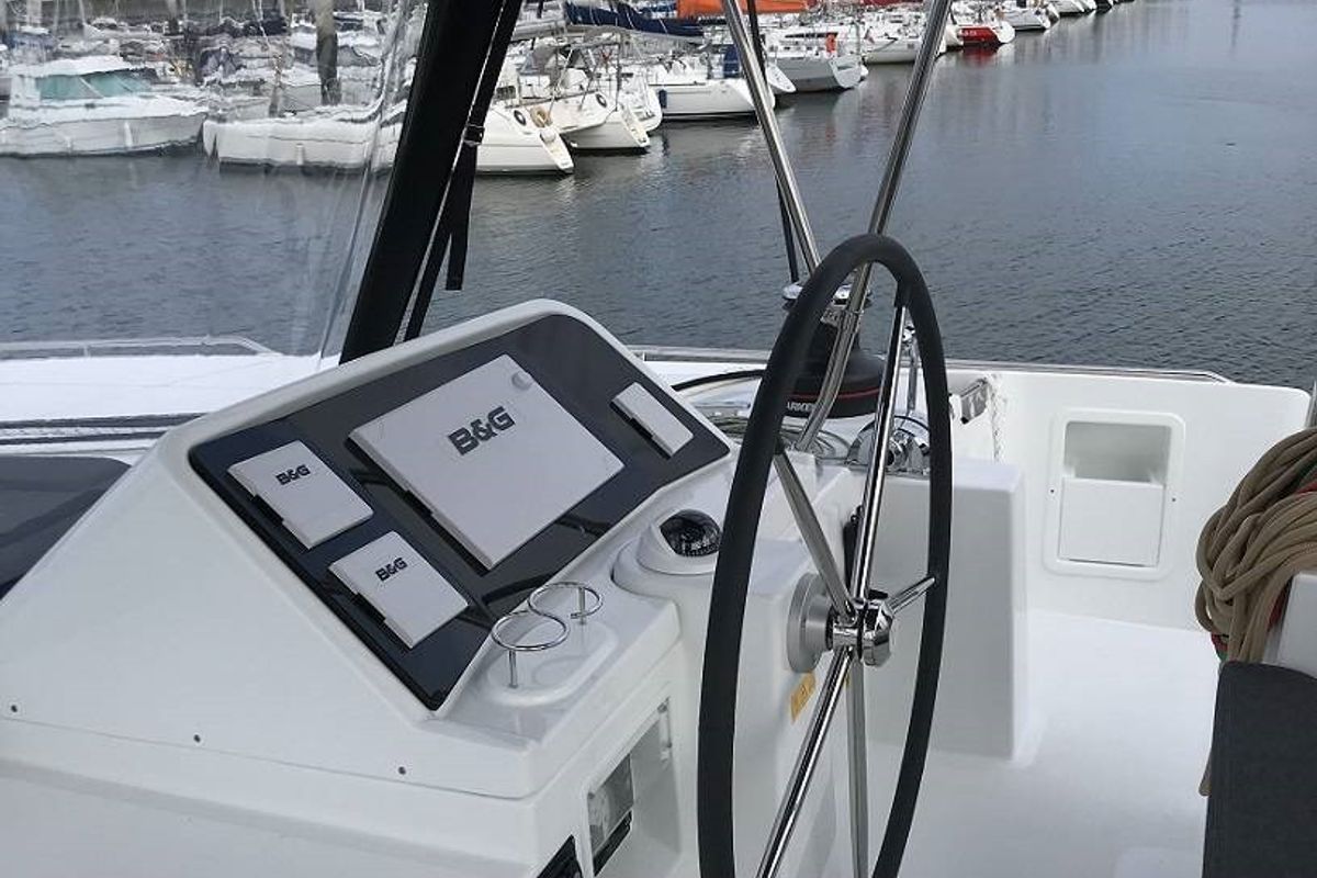 Cockpit of Zil Seashell, a Lagoon 450 Fly catamaran at Eden Island Marina, Seychelles