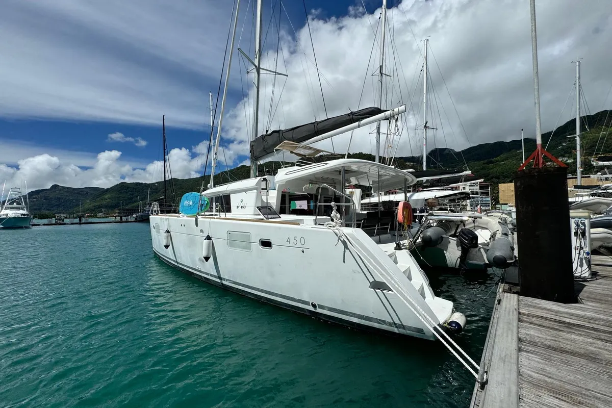 Exterior view of Zil Seashell, a Lagoon 450 Fly catamaran at Eden Island Marina, Seychelles