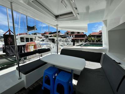 Deck of Zil Seashell, a Lagoon 450 Fly catamaran at Eden Island Marina, Seychelles