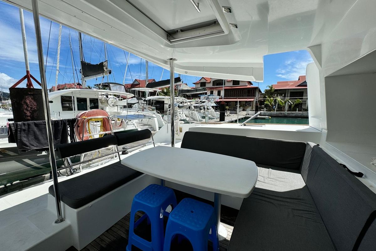 Deck of Zil Seashell, a Lagoon 450 Fly catamaran at Eden Island Marina, Seychelles