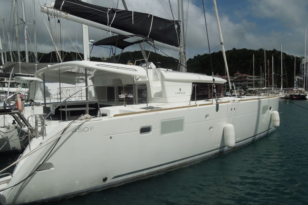 Exterior view of Zil Seashell, a Lagoon 450 Fly catamaran at Eden Island Marina, Seychelles