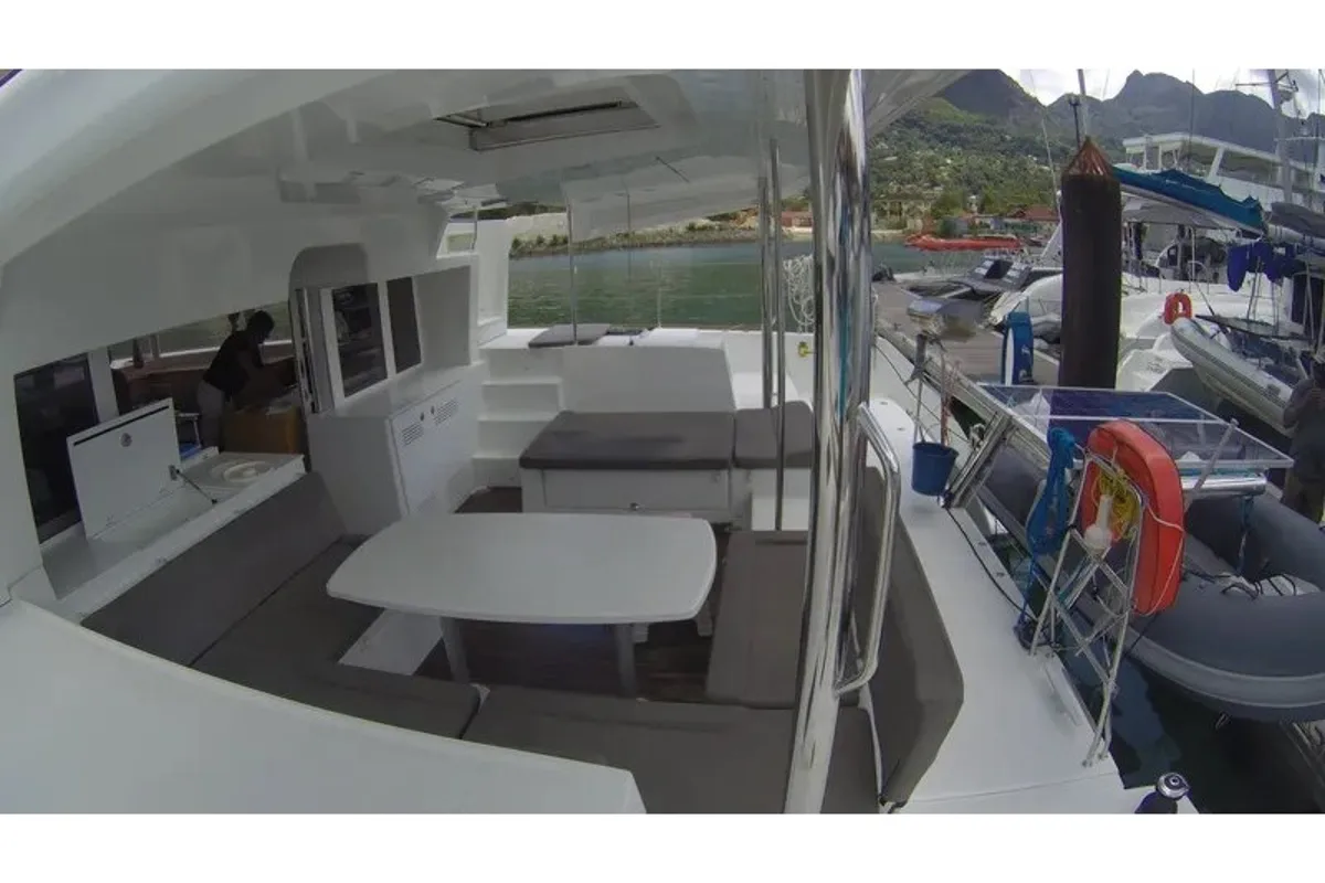 Deck of Zil Seashell, a Lagoon 450 Fly catamaran at Eden Island Marina, Seychelles