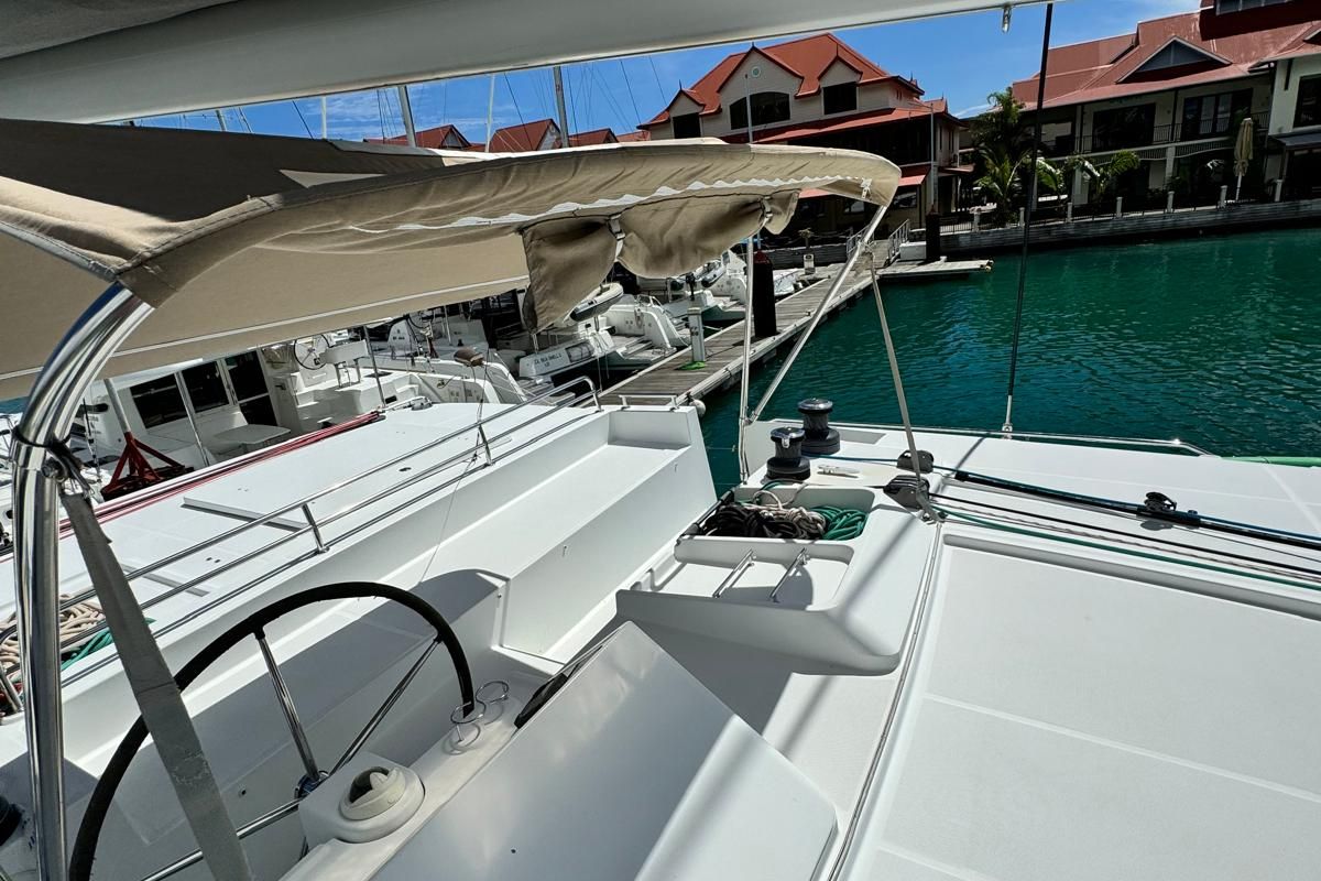 Cockpit of Zil Seashell, a Lagoon 450 Fly catamaran at Eden Island Marina, Seychelles