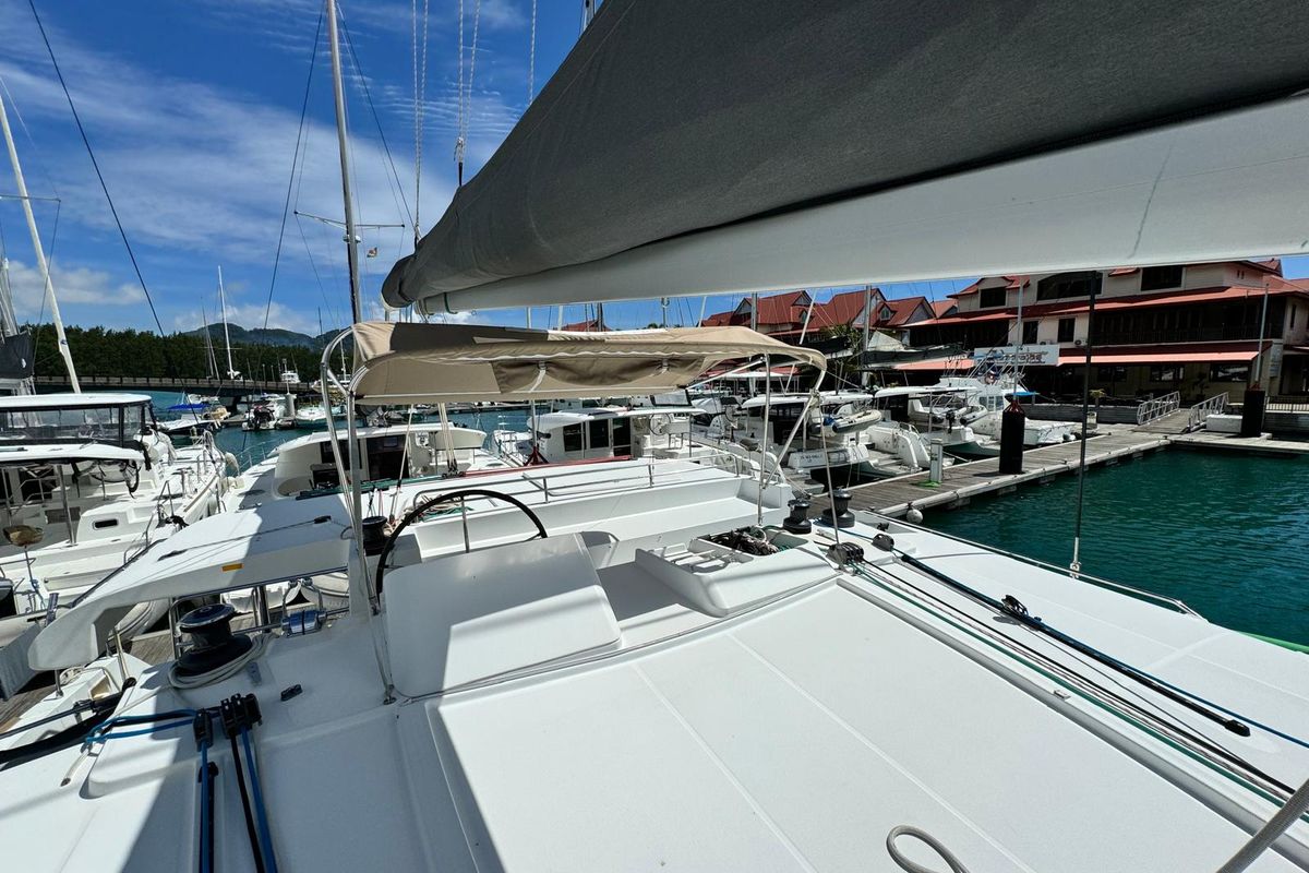 Cockpit of Zil Seashell, a Lagoon 450 Fly catamaran at Eden Island Marina, Seychelles
