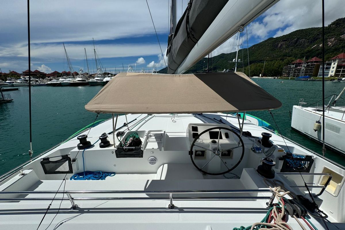 Cockpit of Zil Seashell, a Lagoon 450 Fly catamaran at Eden Island Marina, Seychelles