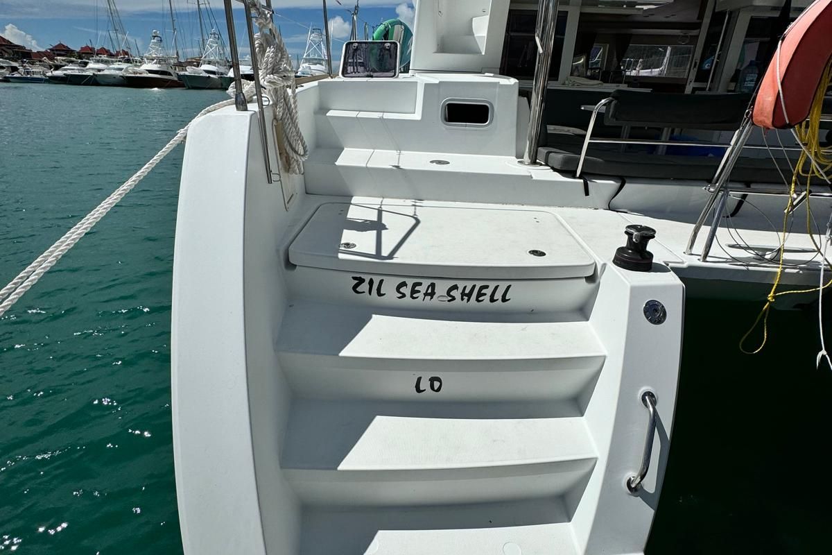 Deck of Zil Seashell, a Lagoon 450 Fly catamaran at Eden Island Marina, Seychelles