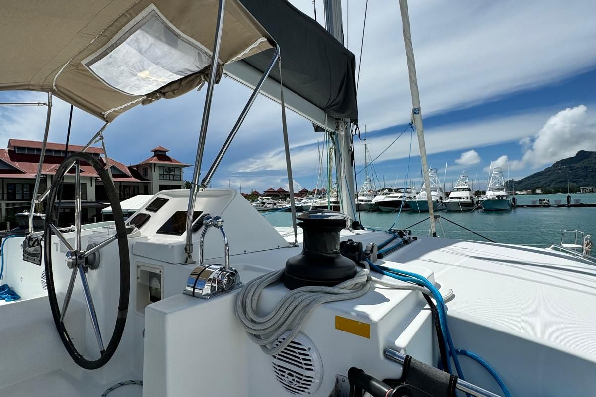 Cockpit of Zil Seashell, a Lagoon 450 Fly catamaran at Eden Island Marina, Seychelles