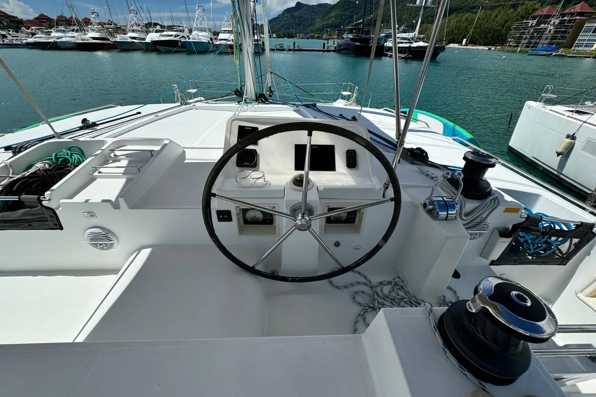 Cockpit of Zil Seashell, a Lagoon 450 Fly catamaran at Eden Island Marina, Seychelles