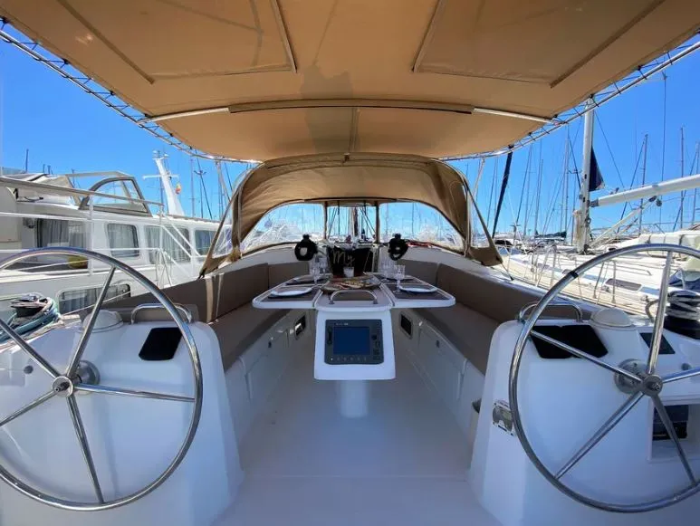 Cockpit of ORION XI, a Beneteau Cyclades 43.3 sailboat at Volos Municipality, Greece