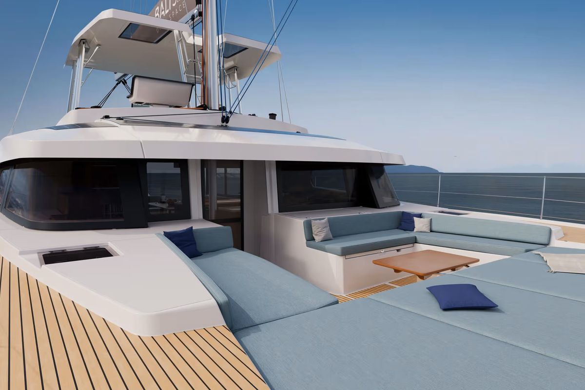 Deck of Kos 52.CAT3, a Bali 5.2 catamaran at Agios Stefanos, Greece