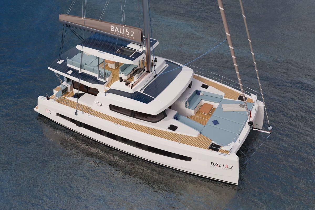 Exterior view of Kos 52.CAT3, a Bali 5.2 catamaran at Agios Stefanos, Greece