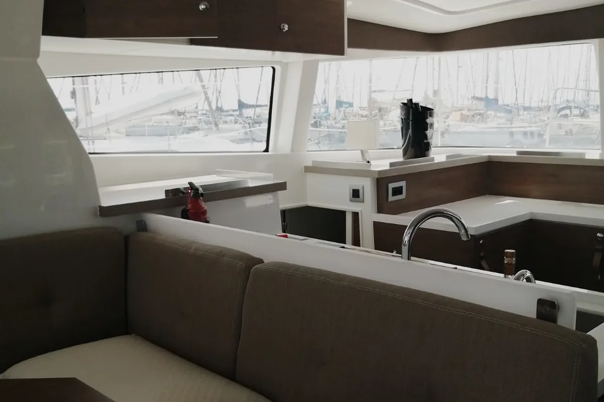 Salon of JUST 42, a Bali 4.2 catamaran at Cagliari, Italy