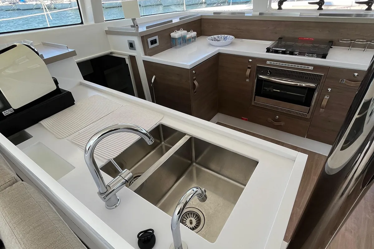 Deck of JUST 42, a Bali 4.2 catamaran at Cagliari, Italy