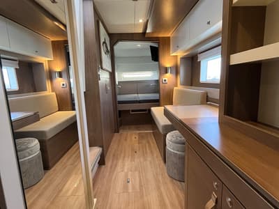 Salon of JUST 42, a Bali 4.2 catamaran at Cagliari, Italy