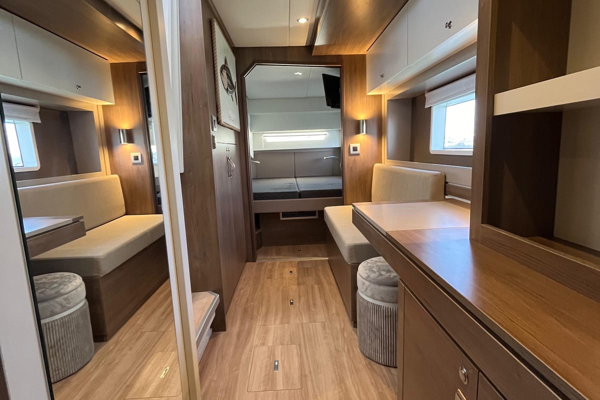 Salon of JUST 42, a Bali 4.2 catamaran at Cagliari, Italy