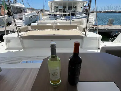 Deck of JUST 42, a Bali 4.2 catamaran at Cagliari, Italy