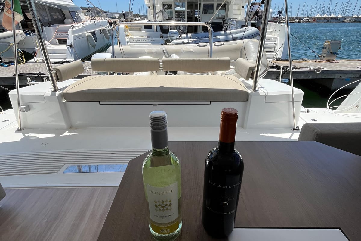 Deck of JUST 42, a Bali 4.2 catamaran at Cagliari, Italy