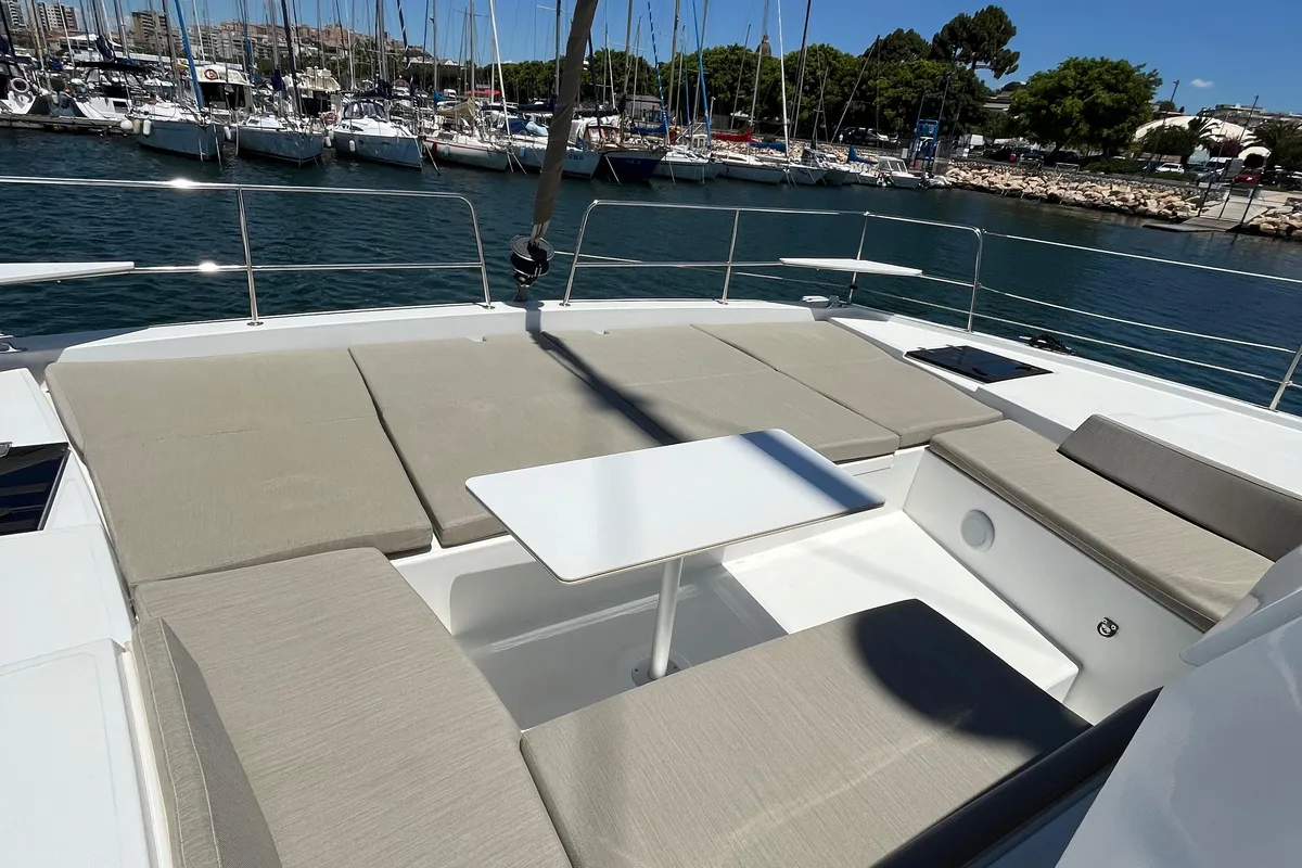 Deck of JUST 42, a Bali 4.2 catamaran at Cagliari, Italy