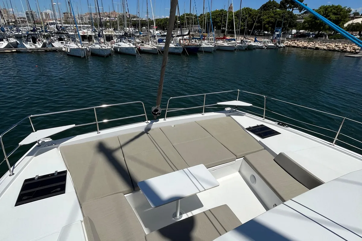 Deck of JUST 42, a Bali 4.2 catamaran at Cagliari, Italy